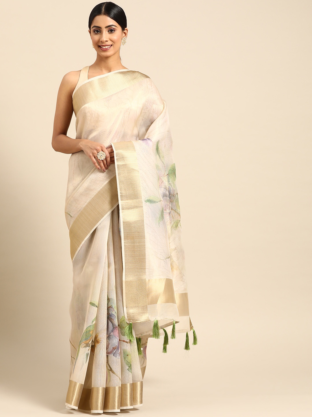

ZARI Beige Ethnic Motifs Zari Pure Silk Block Print Saree