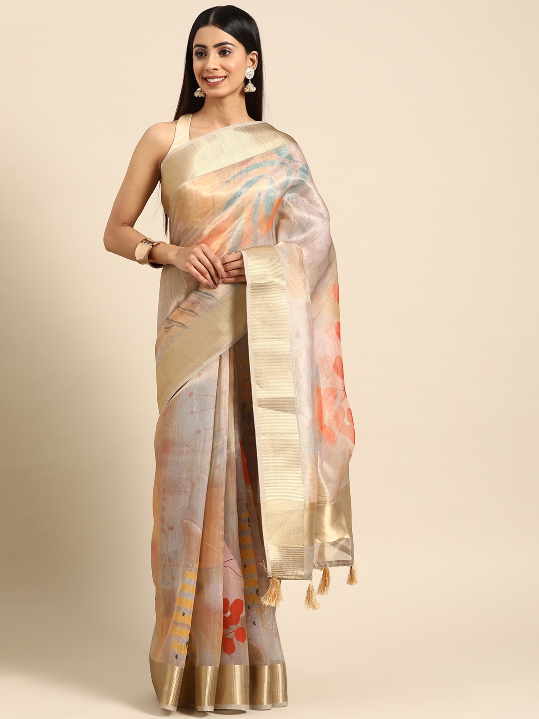 

ZARI Printed Pure Silk Saree, Brown