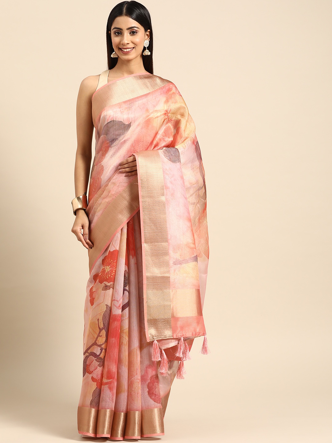 

ZARI Floral Printed Pure Silk Saree, Peach