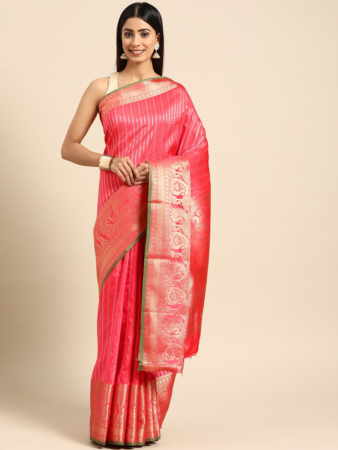 

ZARI Woven Design Striped Art Silk Saree, Peach