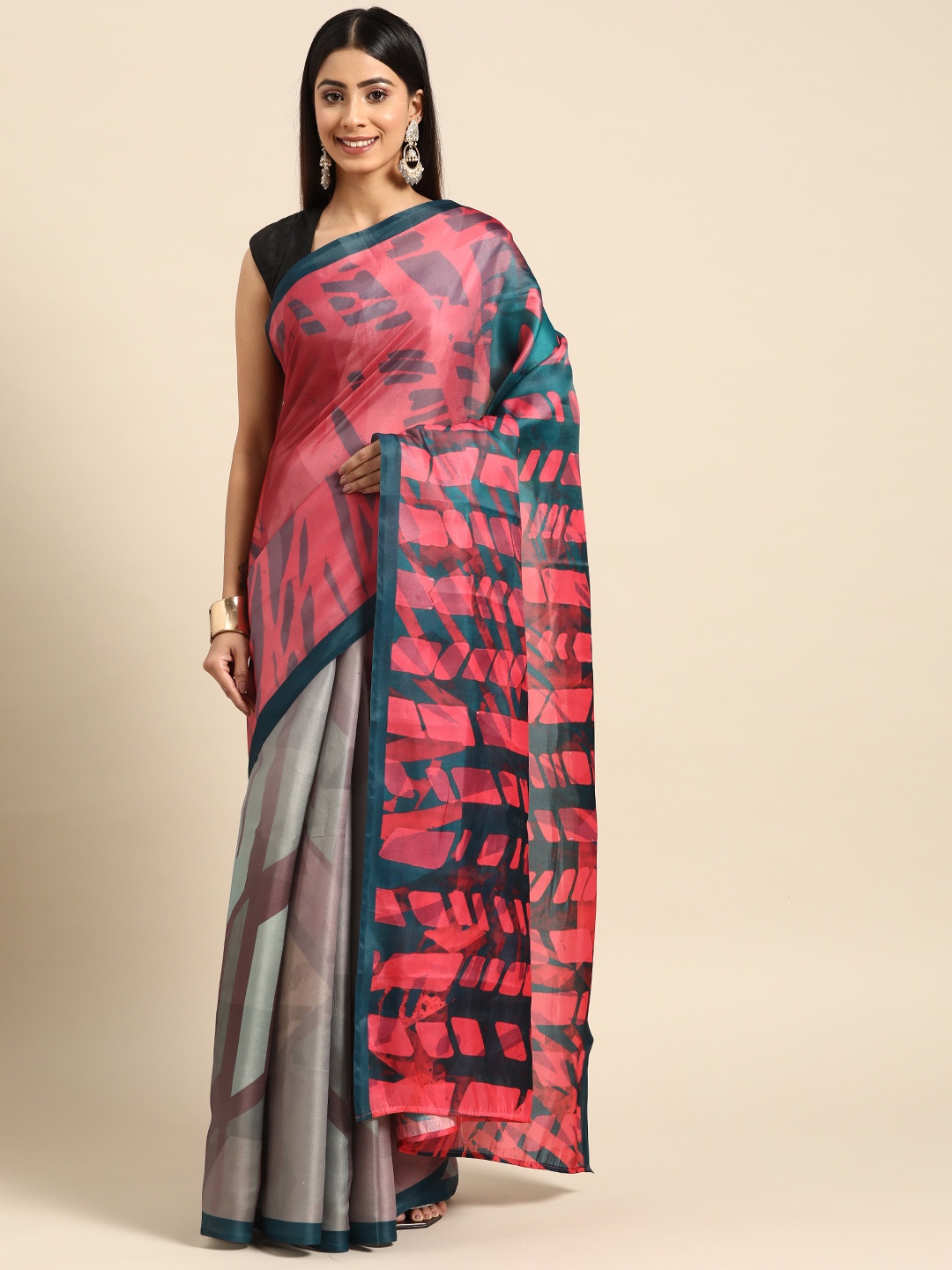 

ZARI Abstract Printed Pure Silk Saree, Red