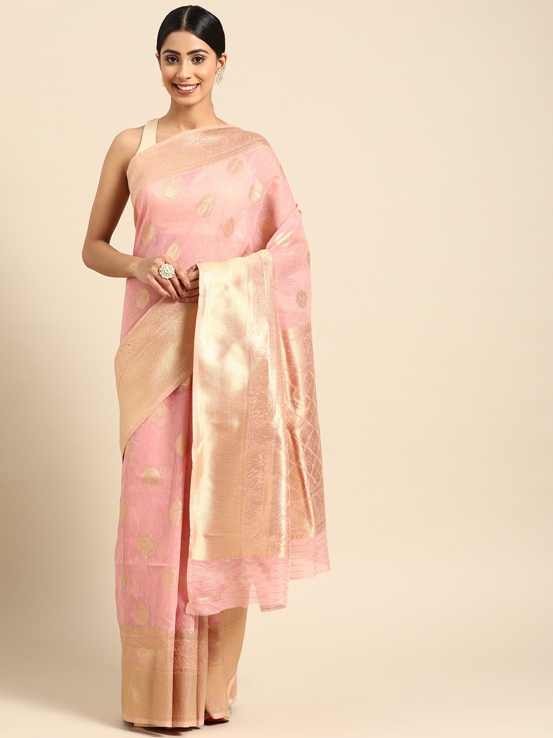 

ZARI Woven Design Ethnic Motifs Zari Pure Linen Saree, Pink
