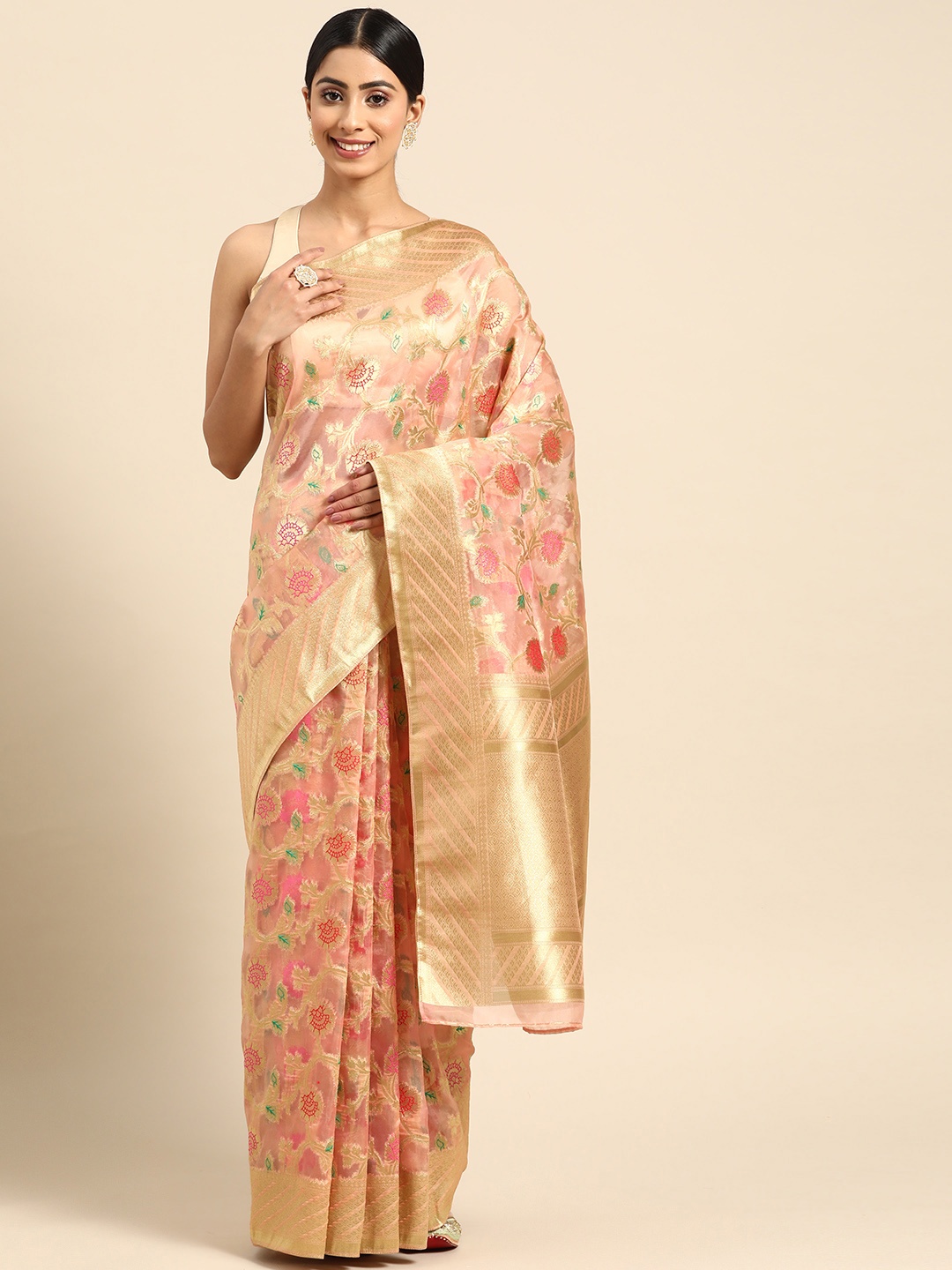 

ZARI Woven Design Floral Zari Pure Linen Saree, Cream