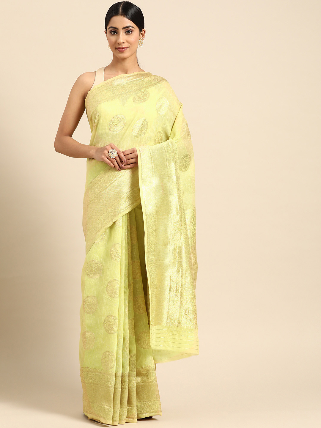 

ZARI Woven Design Ethnic Motifs Zari Pure Linen Saree, Green