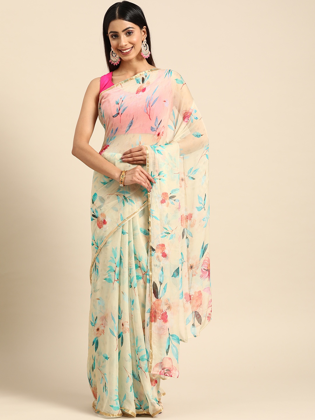 

ZARI Floral Printed Gotta Patti Art Silk Saree, Cream