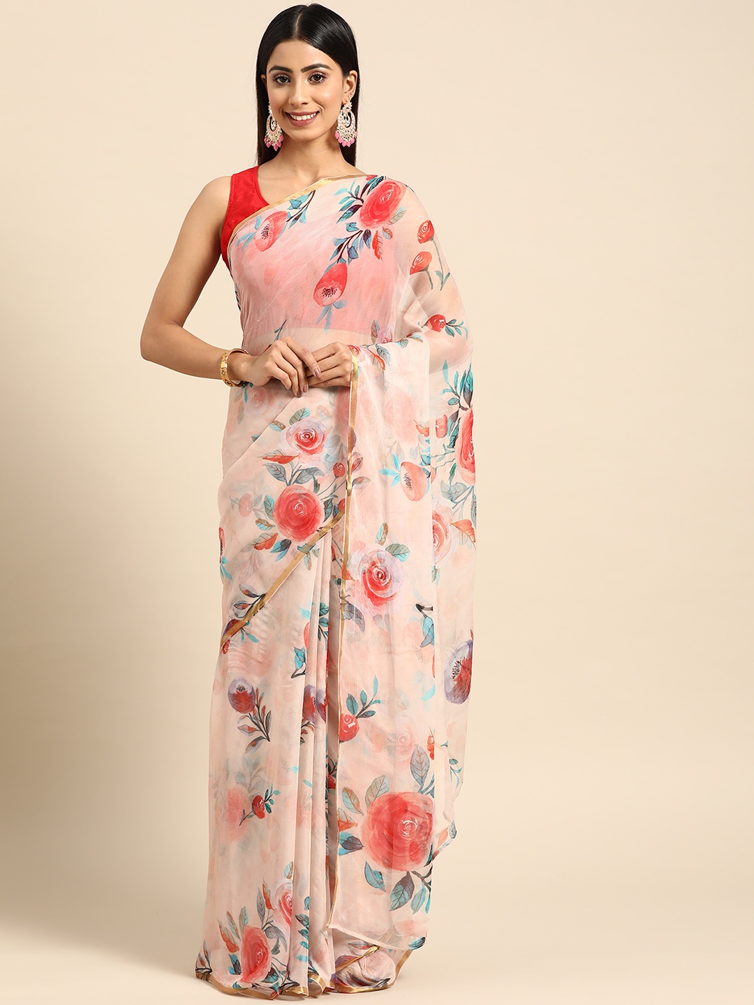 

ZARI Floral Printed Gotta Patti Art Silk Saree, Peach