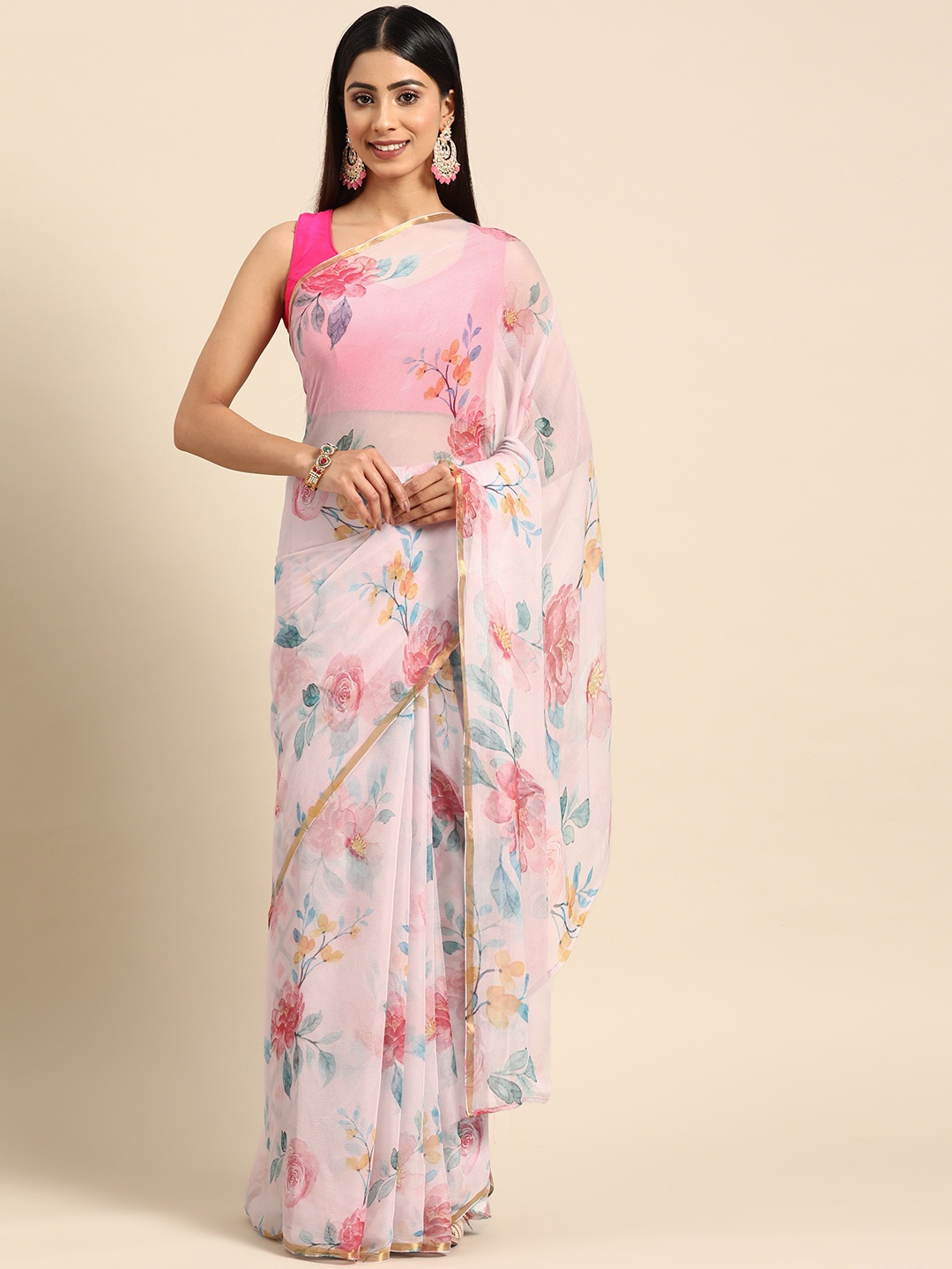 

ZARI Pink Floral Art Silk Saree