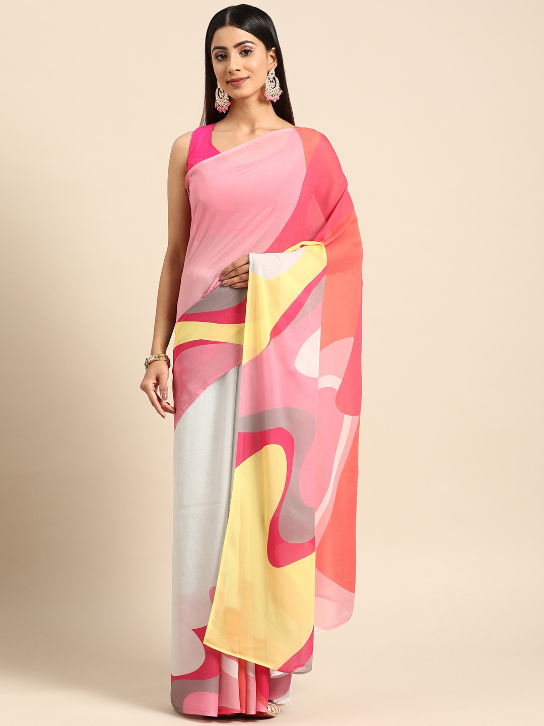 

ZARI Pink & Yellow Colourblocked Block Print Saree