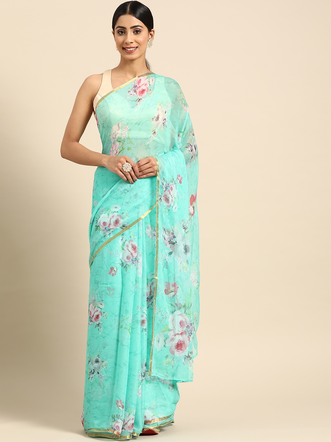 

ZARI Floral Gotta Patti Art Silk Saree, Green
