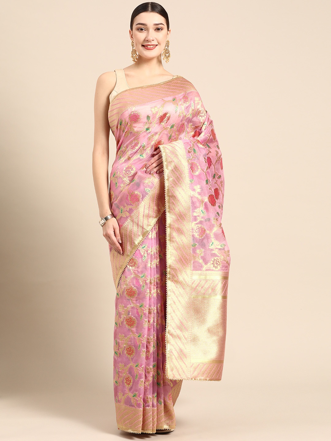

ZARI Pink Floral Zari Art Silk Saree