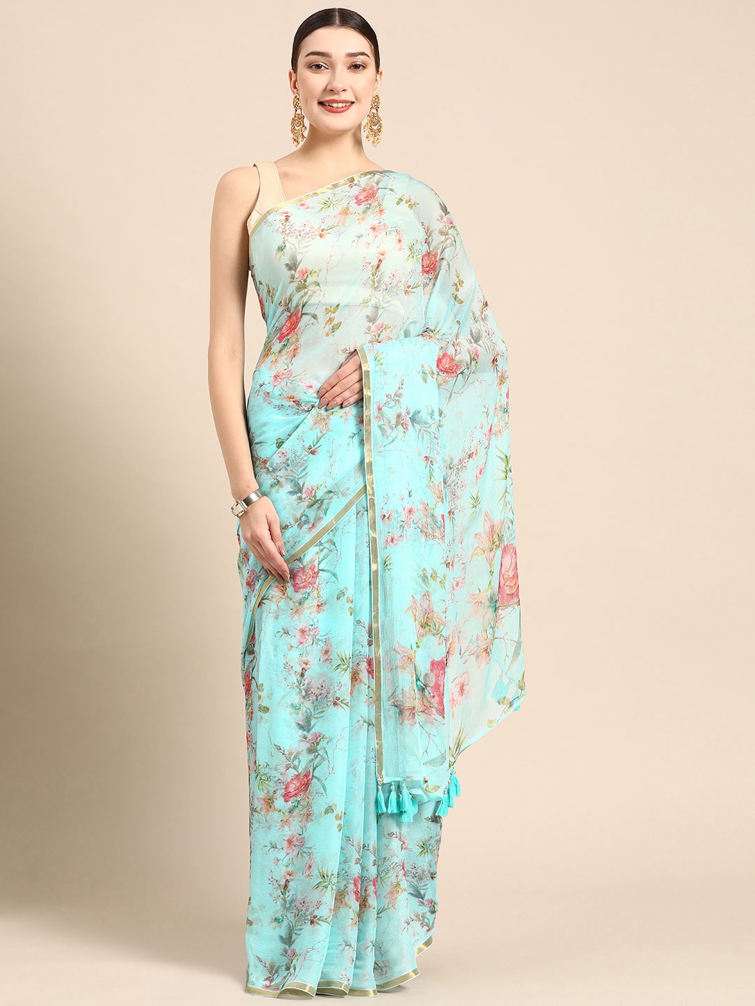 

ZARI Turquoise Blue Floral Pure Chiffon Saree