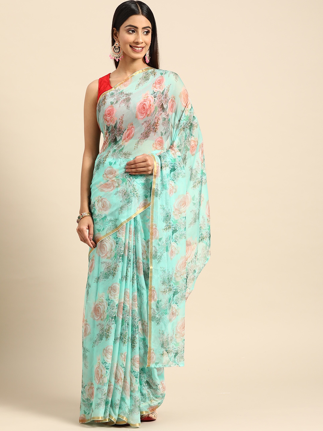 

ZARI Floral Gotta Patti Art Silk Saree, Green