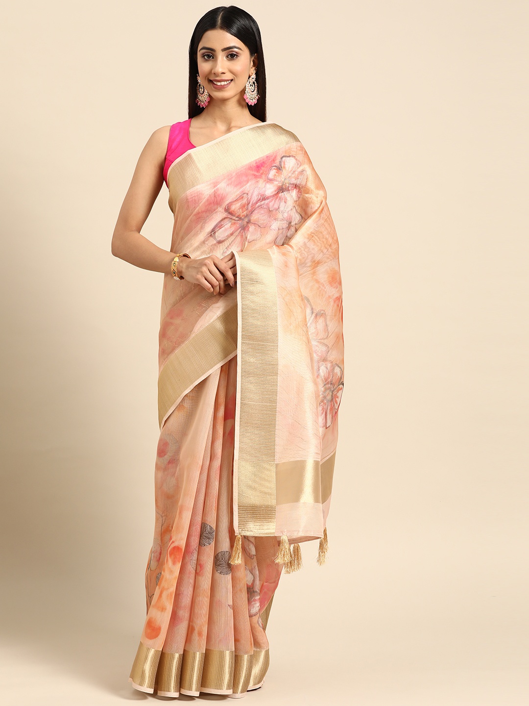 

ZARI Floral Zari Pure Silk Saree, Peach