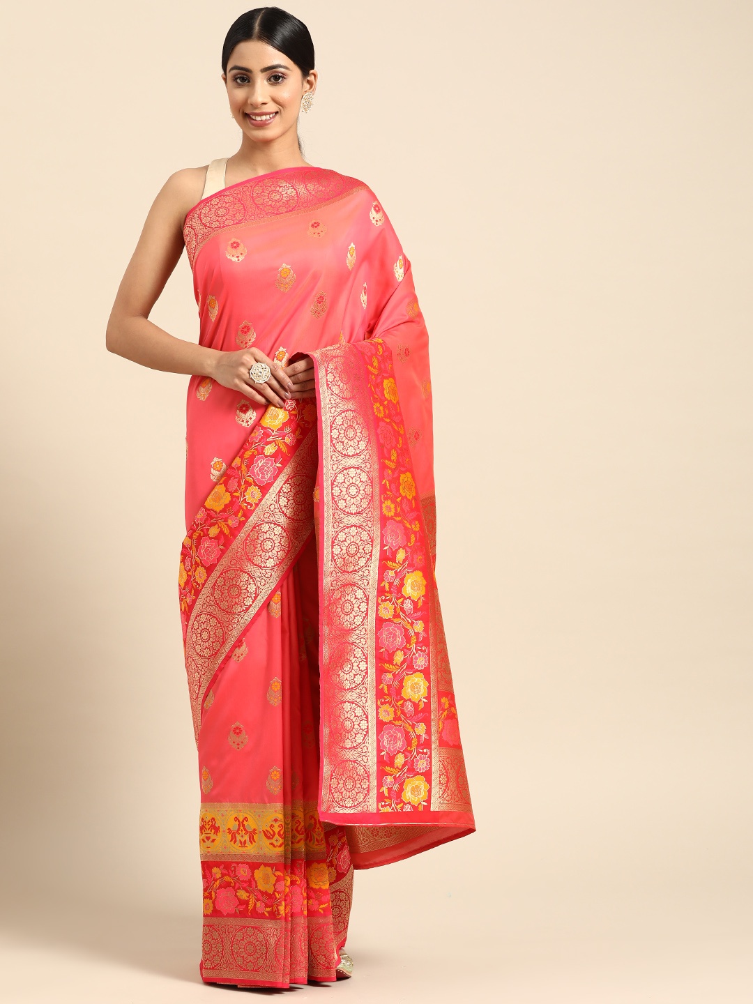 

ZARI Peach-Coloured & Gold-Toned Ethnic Motifs Zari Art Silk Block Print Saree
