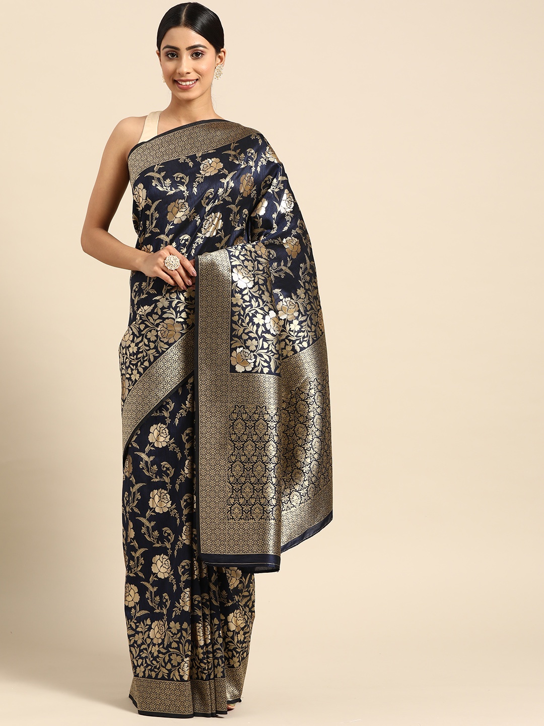 

ZARI Navy Blue & Gold-Toned Floral Zari Art Silk Block Print Saree