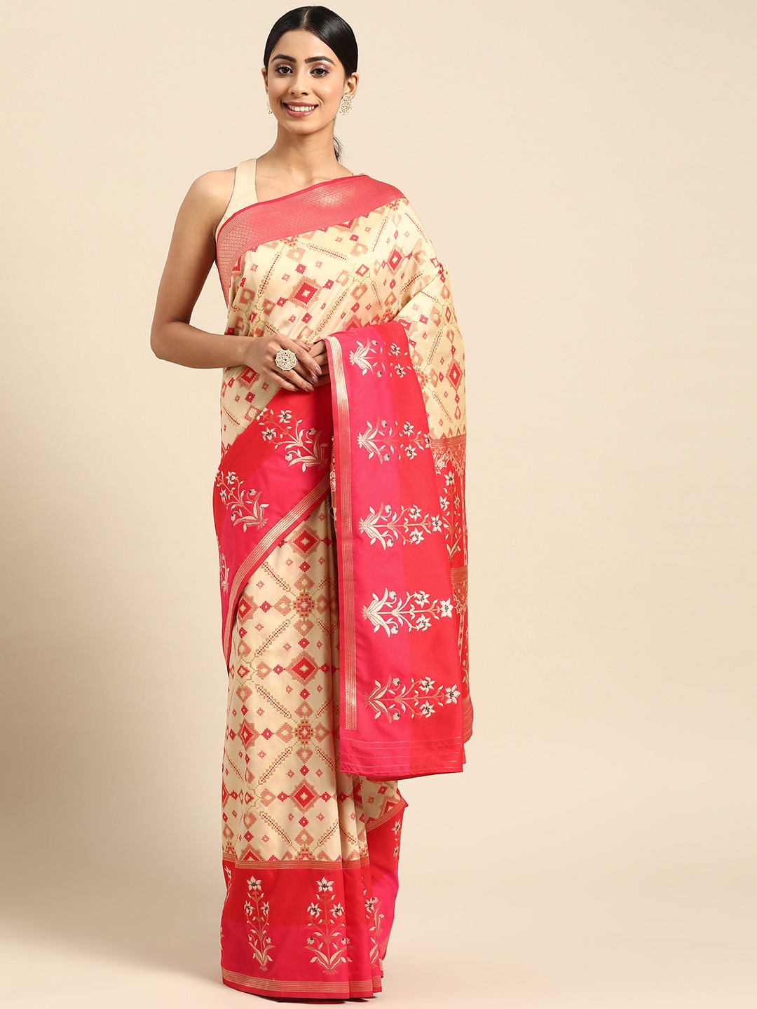 

ZARI Beige & Red Ethnic Motifs Zari Art Silk Block Print Saree