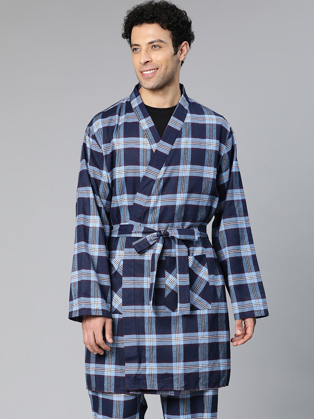 

Oxolloxo Men Checked Cotton Robe, Navy blue