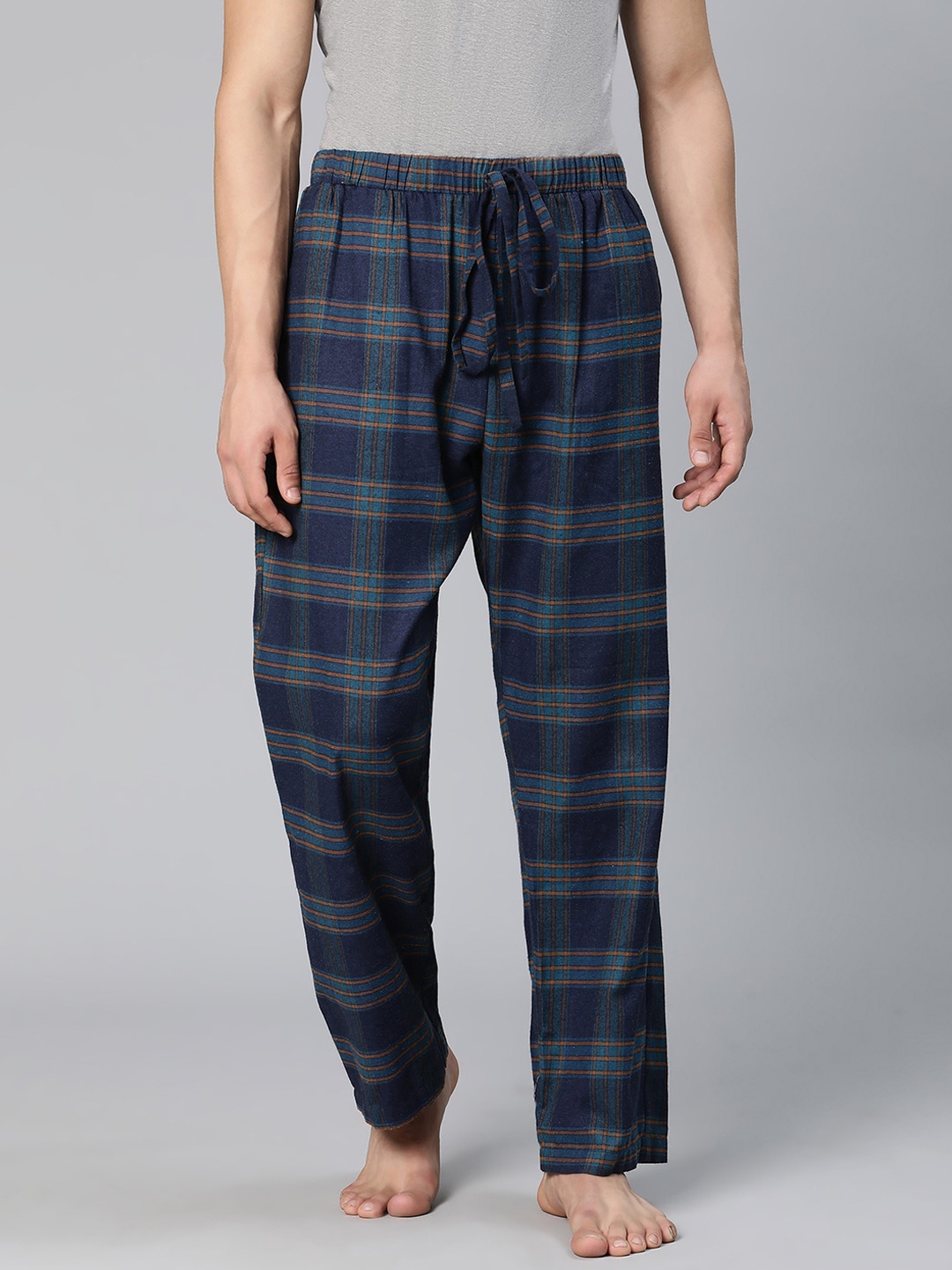 

Oxolloxo Men Checked Cotton Lounge Pants, Navy blue