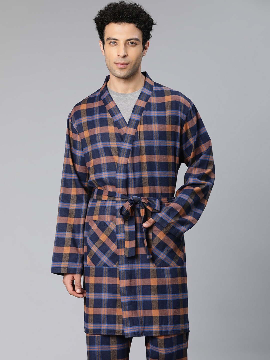 

Oxolloxo Men Checked Cotton Robe, Blue