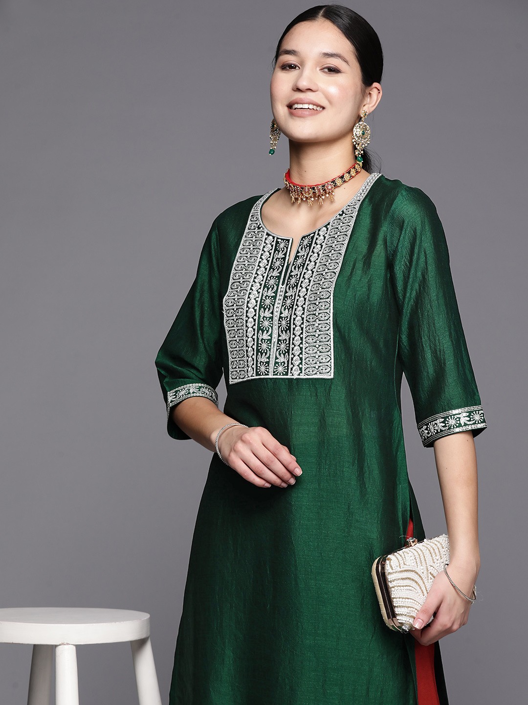 

Libas Women Ethnic Motifs Yoke Design Thread Work Kurta, Green