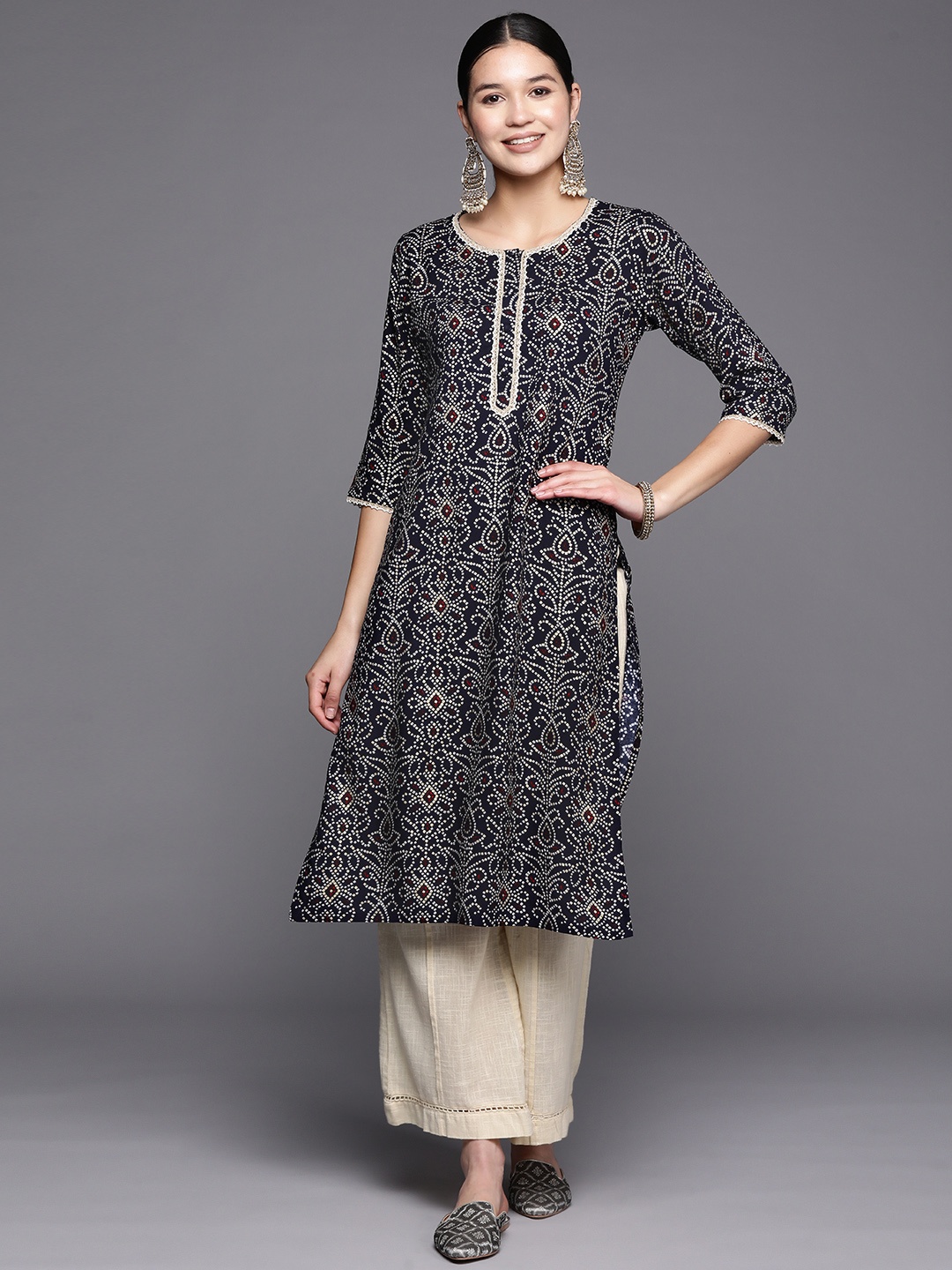 

Libas Women Bandhani Printed Kurta, Navy blue
