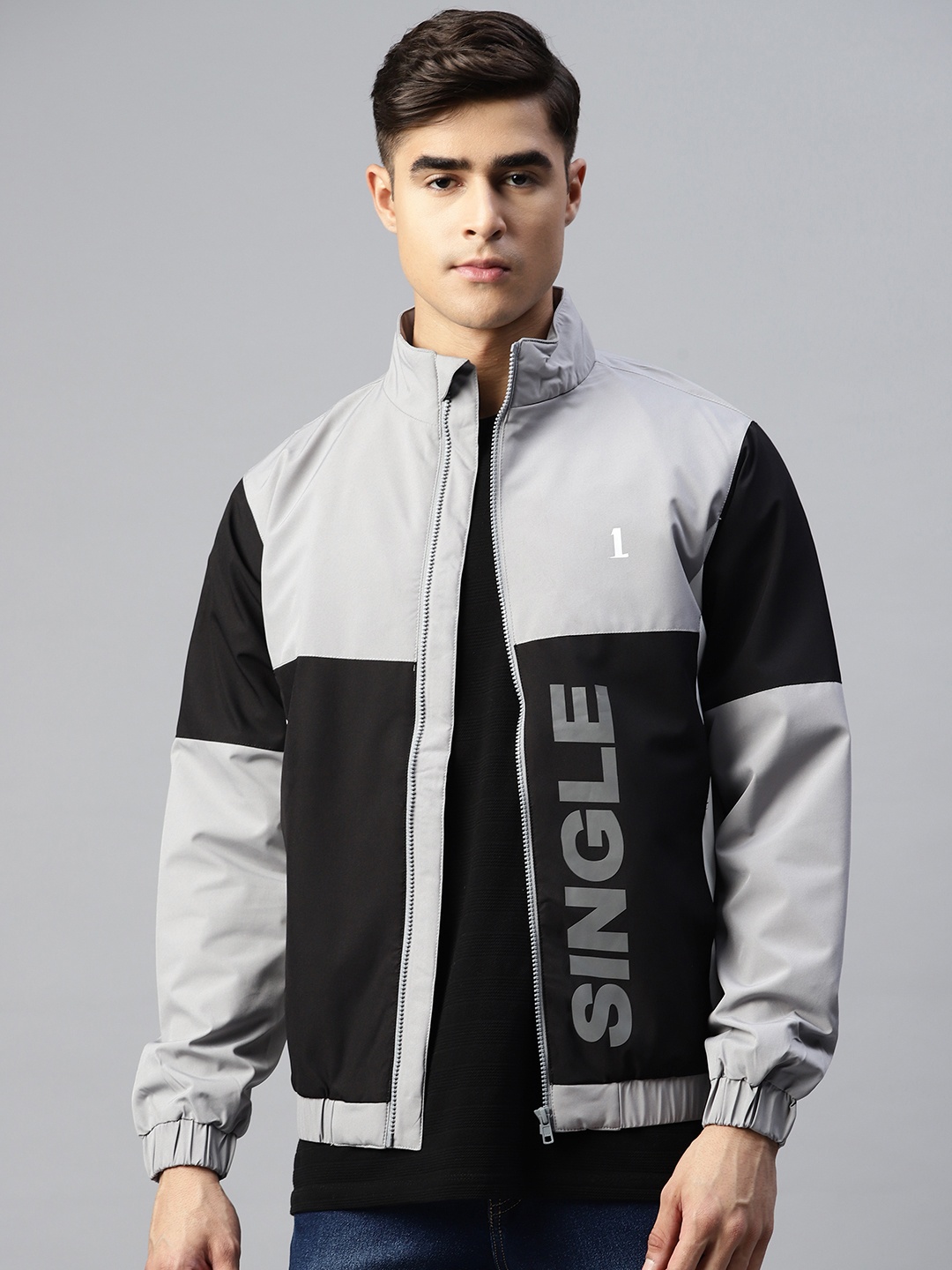 

Pierre Carlo Men Black & Grey Colourblocked Sporty Jacket