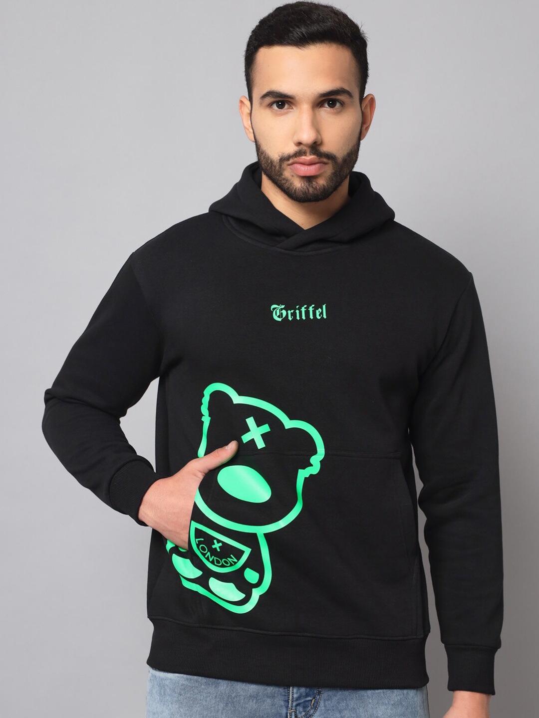 

GRIFFEL Men Fleece Printed Sweatshirt, Black