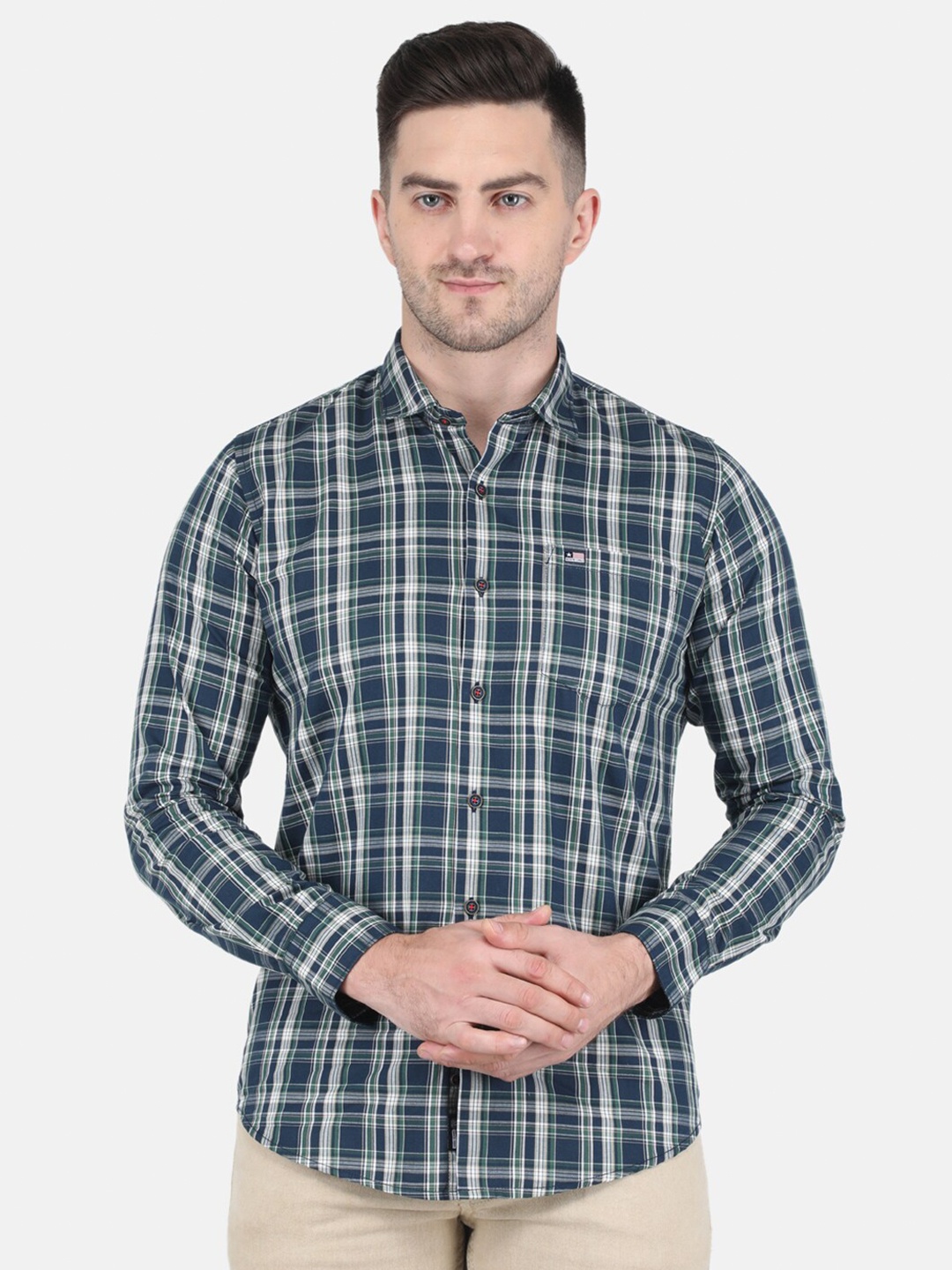 

Monte Carlo Men Tartan Checked Cotton Casual Shirt, Green