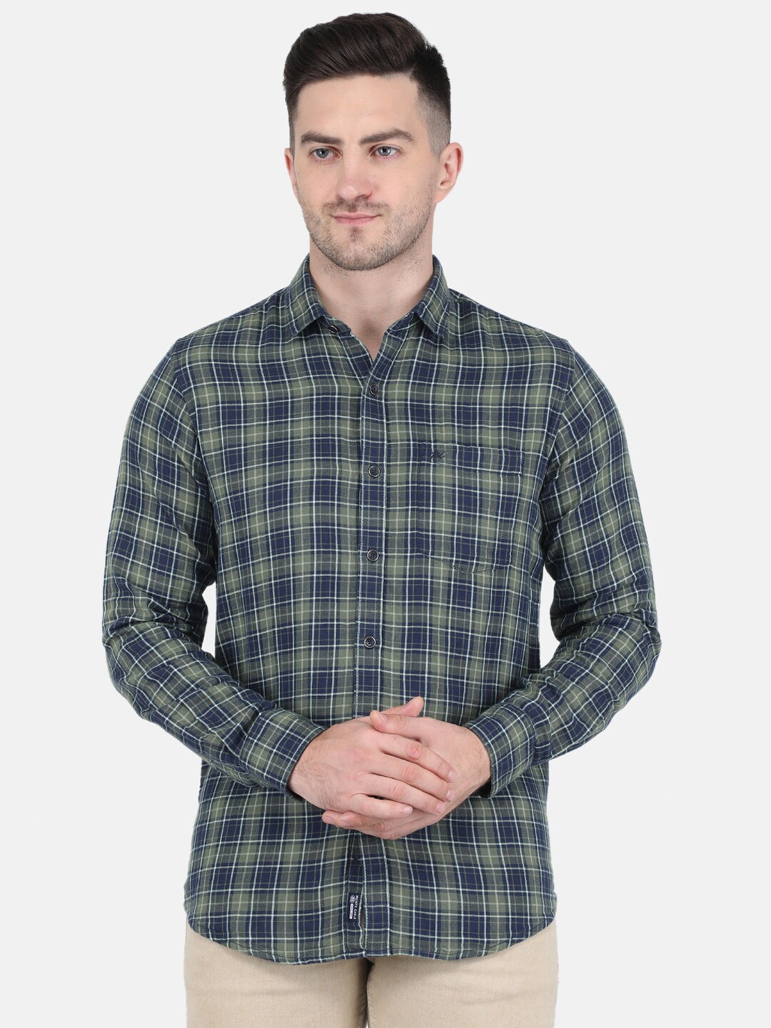 

Monte Carlo Men Cotton Tartan Checks Checked Casual Shirt, Olive