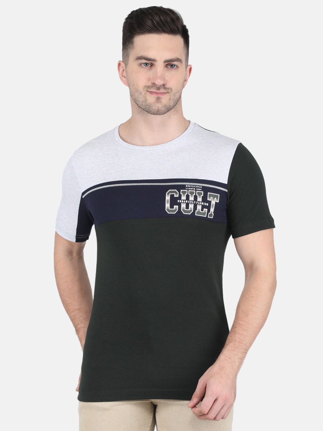 

Monte Carlo Men Colourblocked Round Neck Cotton T-shirt, Grey