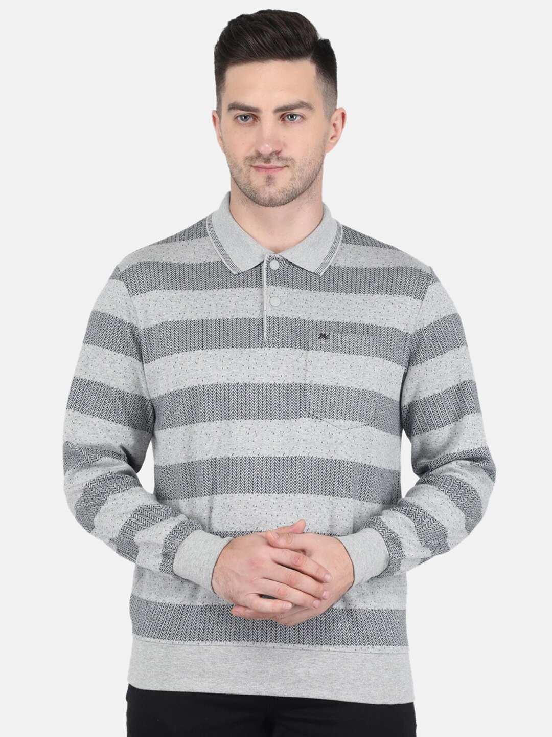 

Monte Carlo Men Striped Polo Collar T-shirt, Grey