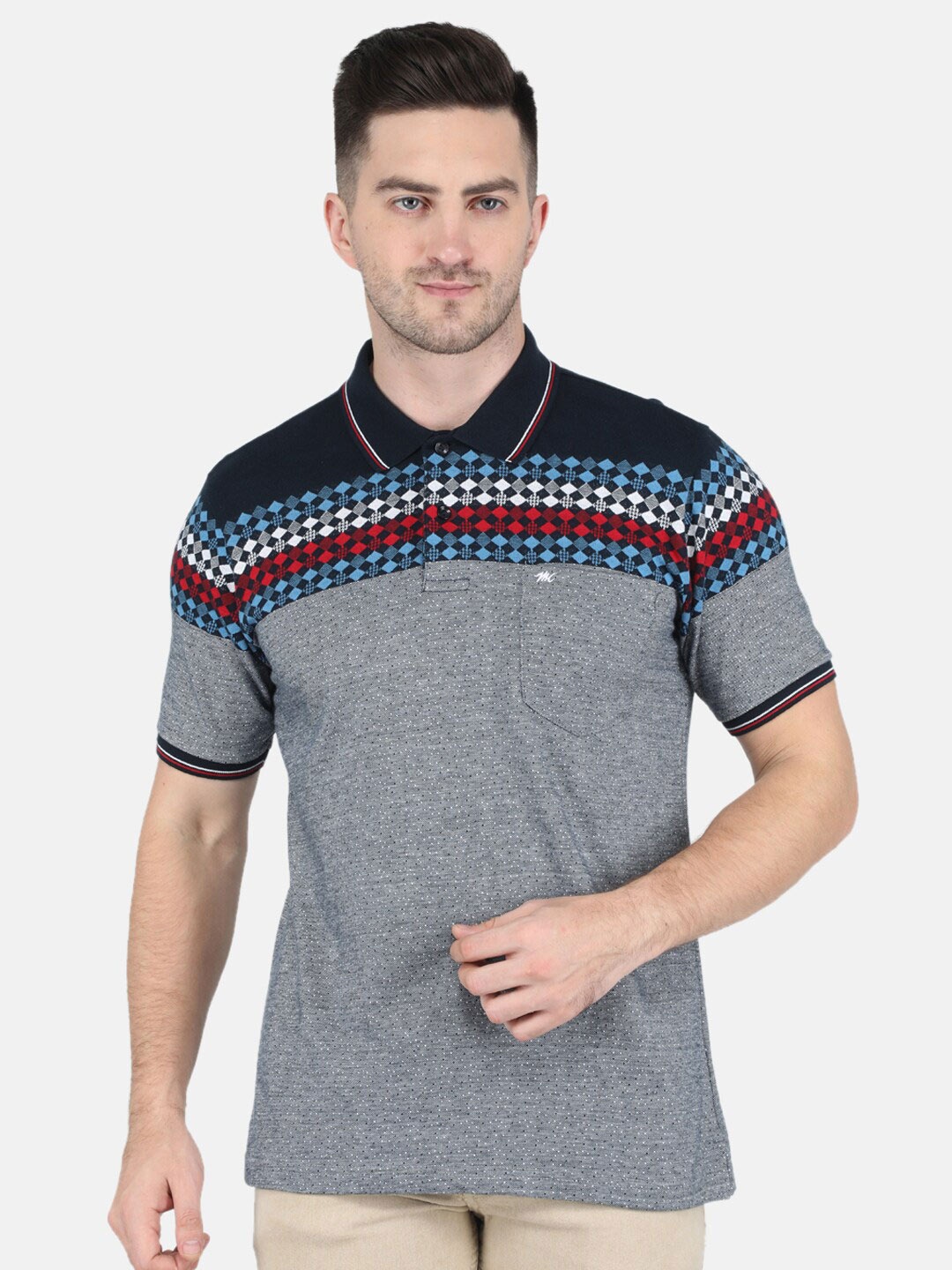 

Monte Carlo Men Printed Polo Collar Cotton T-shirt, Grey
