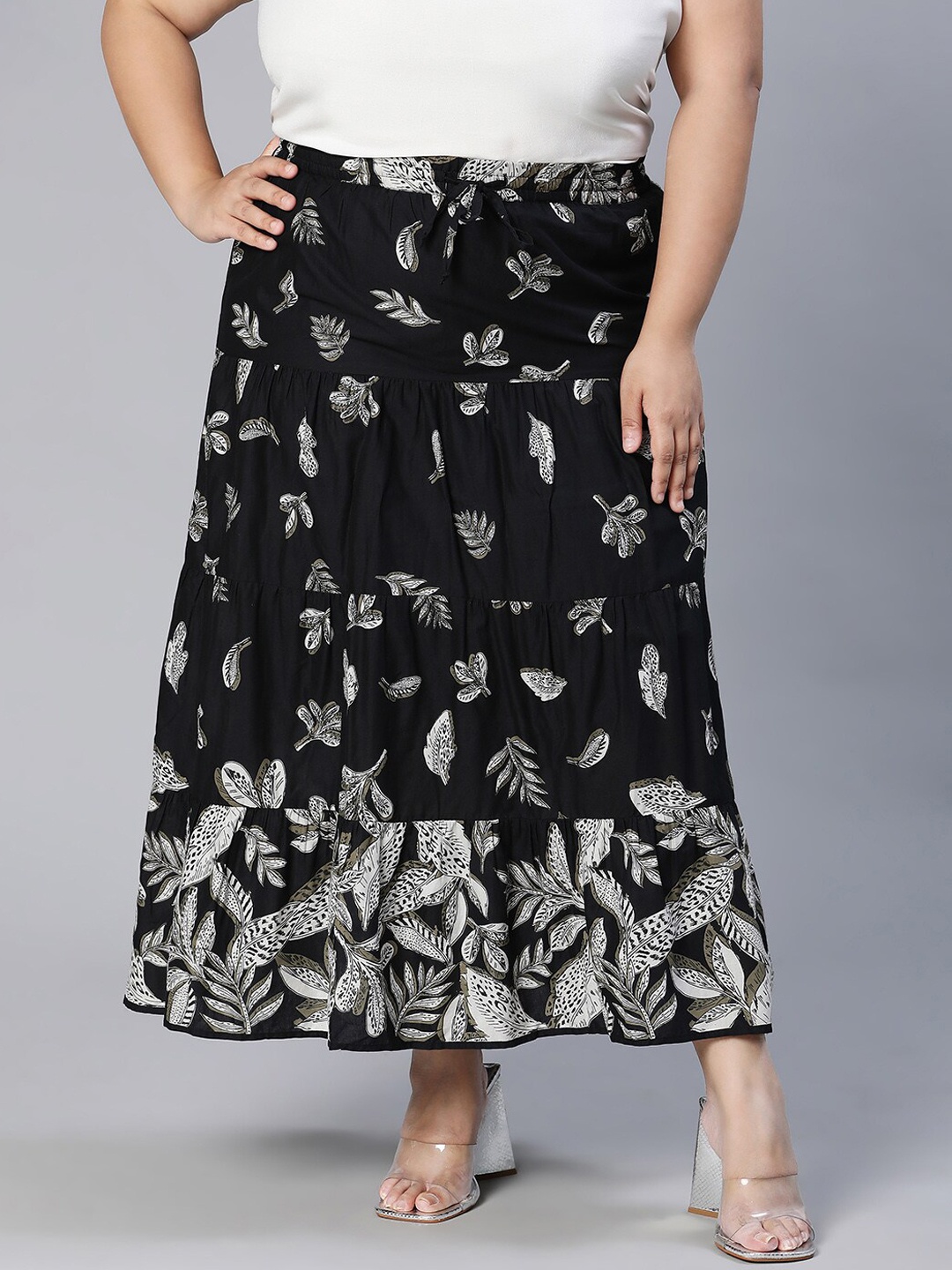 

Oxolloxo Sublime Printed Plus Size Flared Maxi Skirt, Black