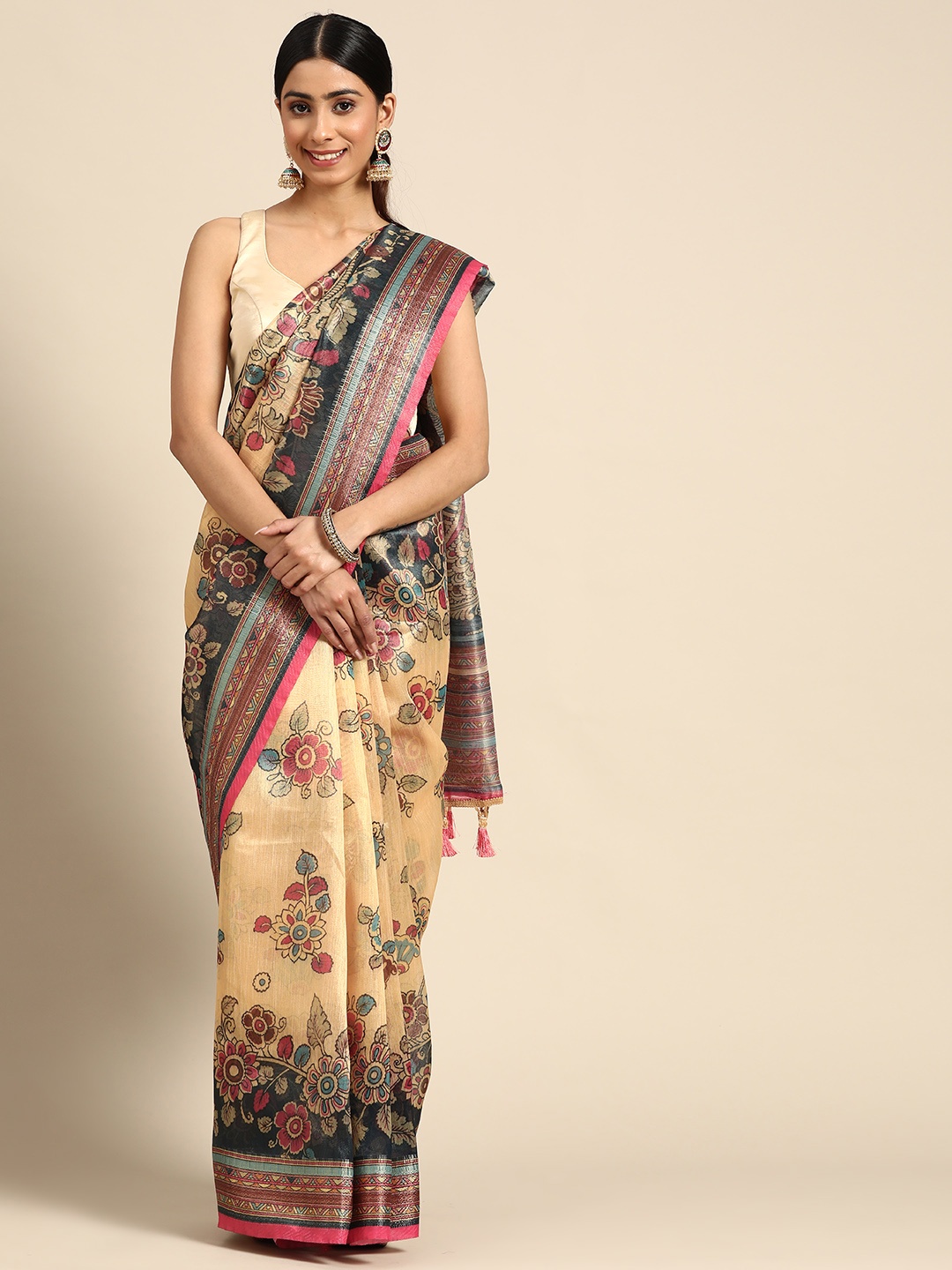 

Kaizen TEXO FAB Ethnic Motifs Zari Linen Blend Maheshwari Saree, Multi