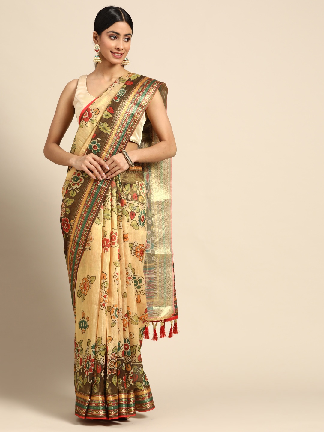 

Kaizen TEXO FAB Ethnic Motifs Zari Linen Blend Maheshwari Saree, Cream