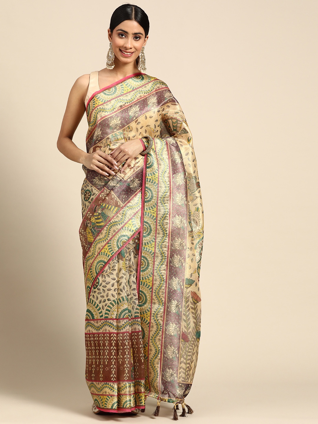 

Kaizen TEXO FAB Ethnic Motifs Zari Linen Blend Maheshwari Saree, Multi