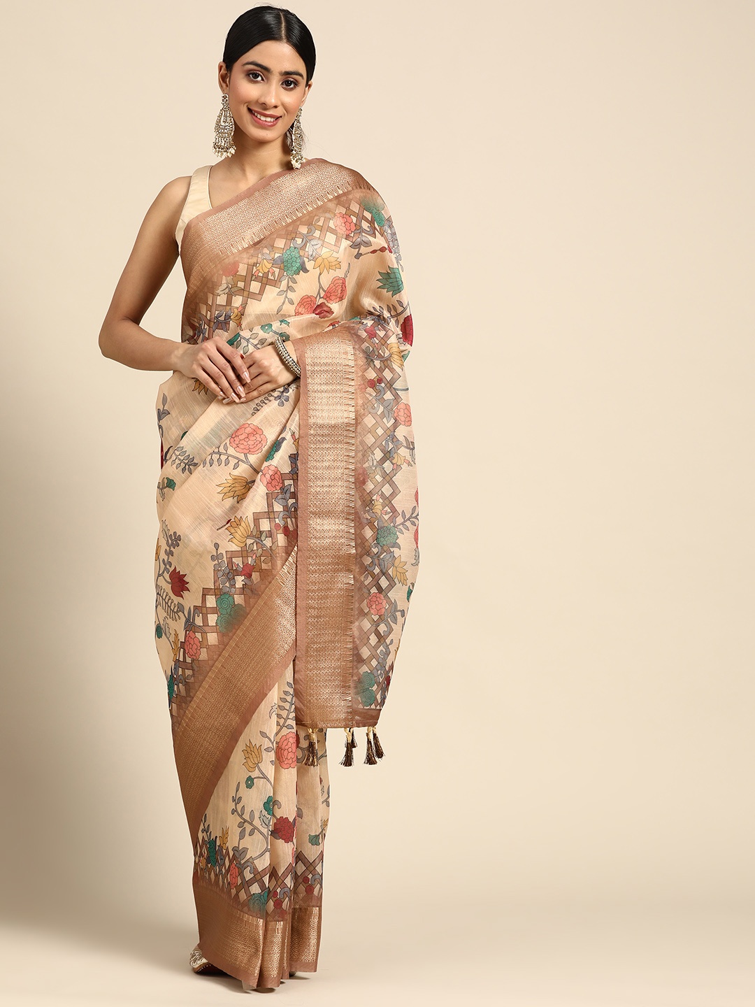 

Kaizen TEXO FAB Ethnic Motifs Zari Linen Blend Maheshwari Saree, Peach