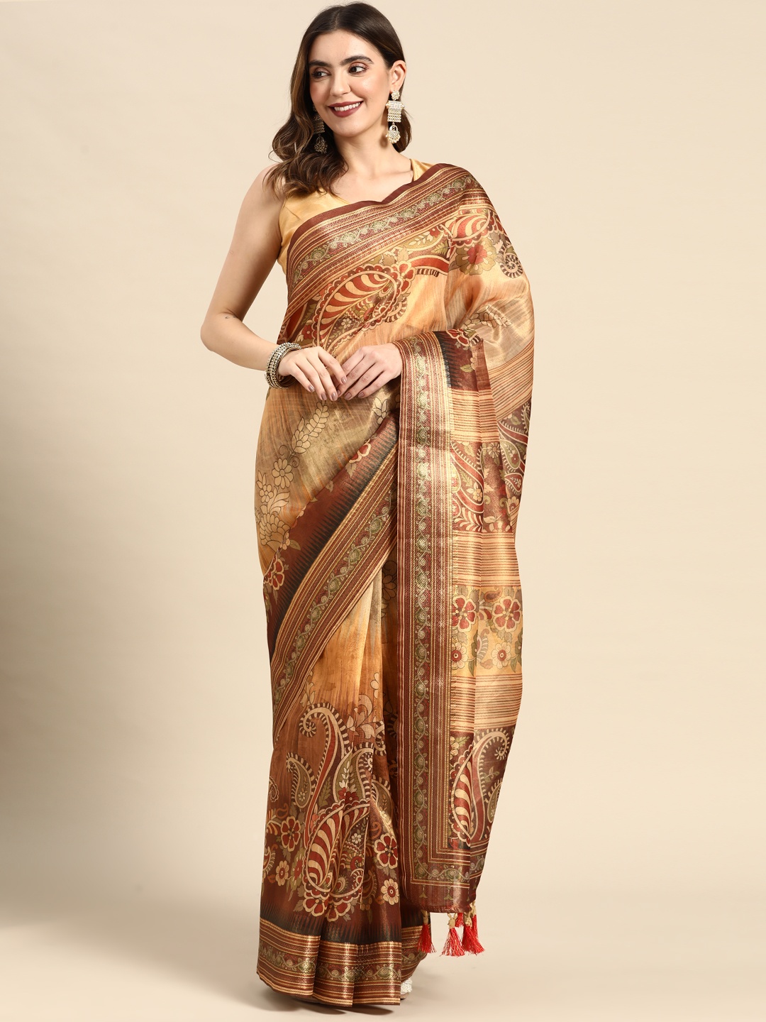 

Kaizen TEXO FAB Ethnic Motifs Linen Blend Maheshwari Saree, Brown