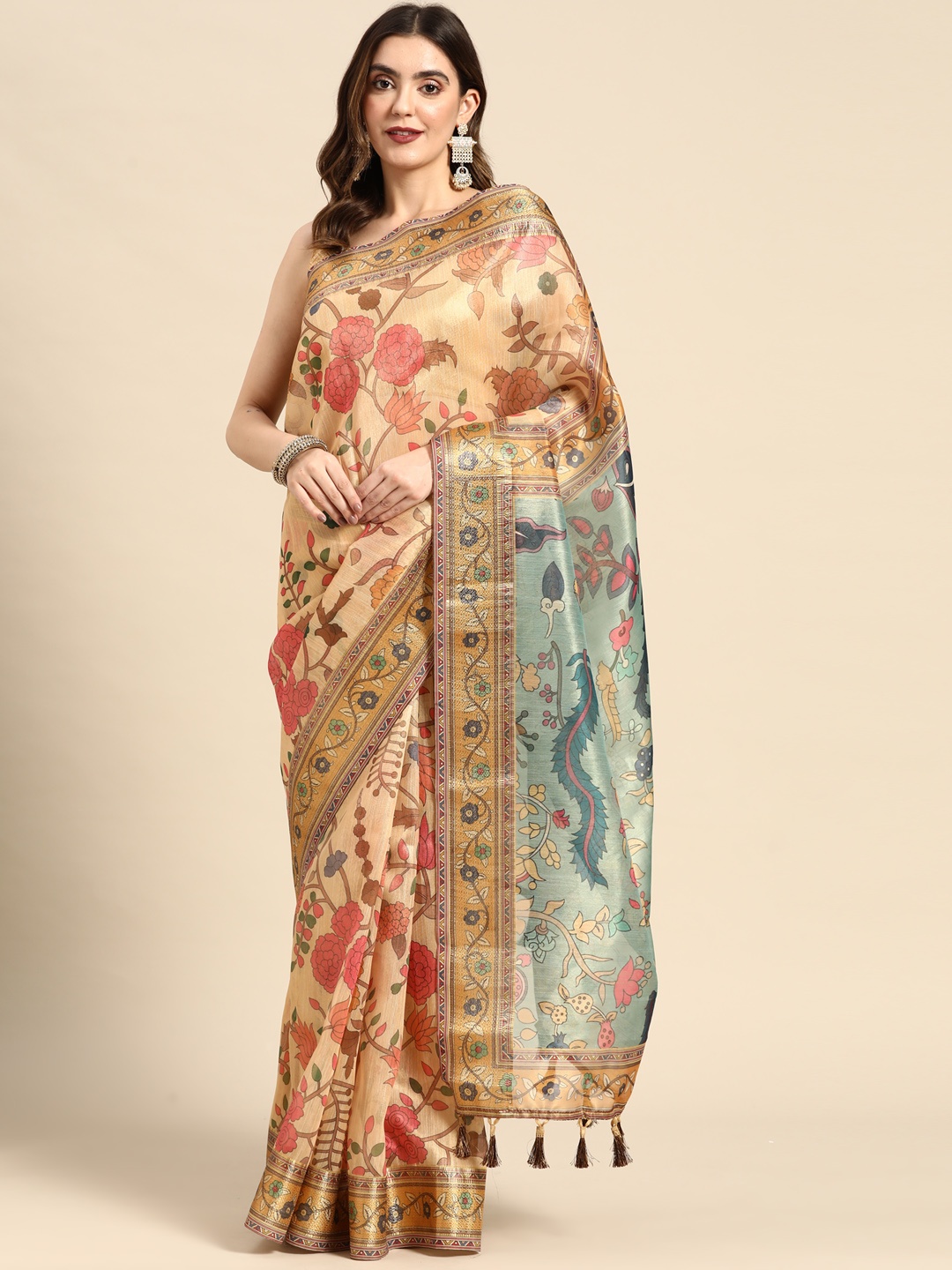

Kaizen TEXO FAB Ethnic Motifs Linen Blend Maheshwari Saree, Cream