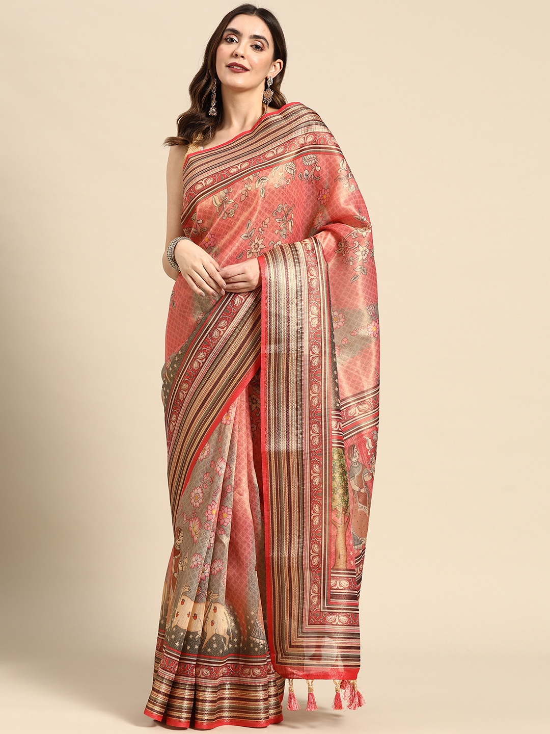 

Kaizen TEXO FAB Ethnic Motifs Linen Blend Maheshwari Saree, Pink