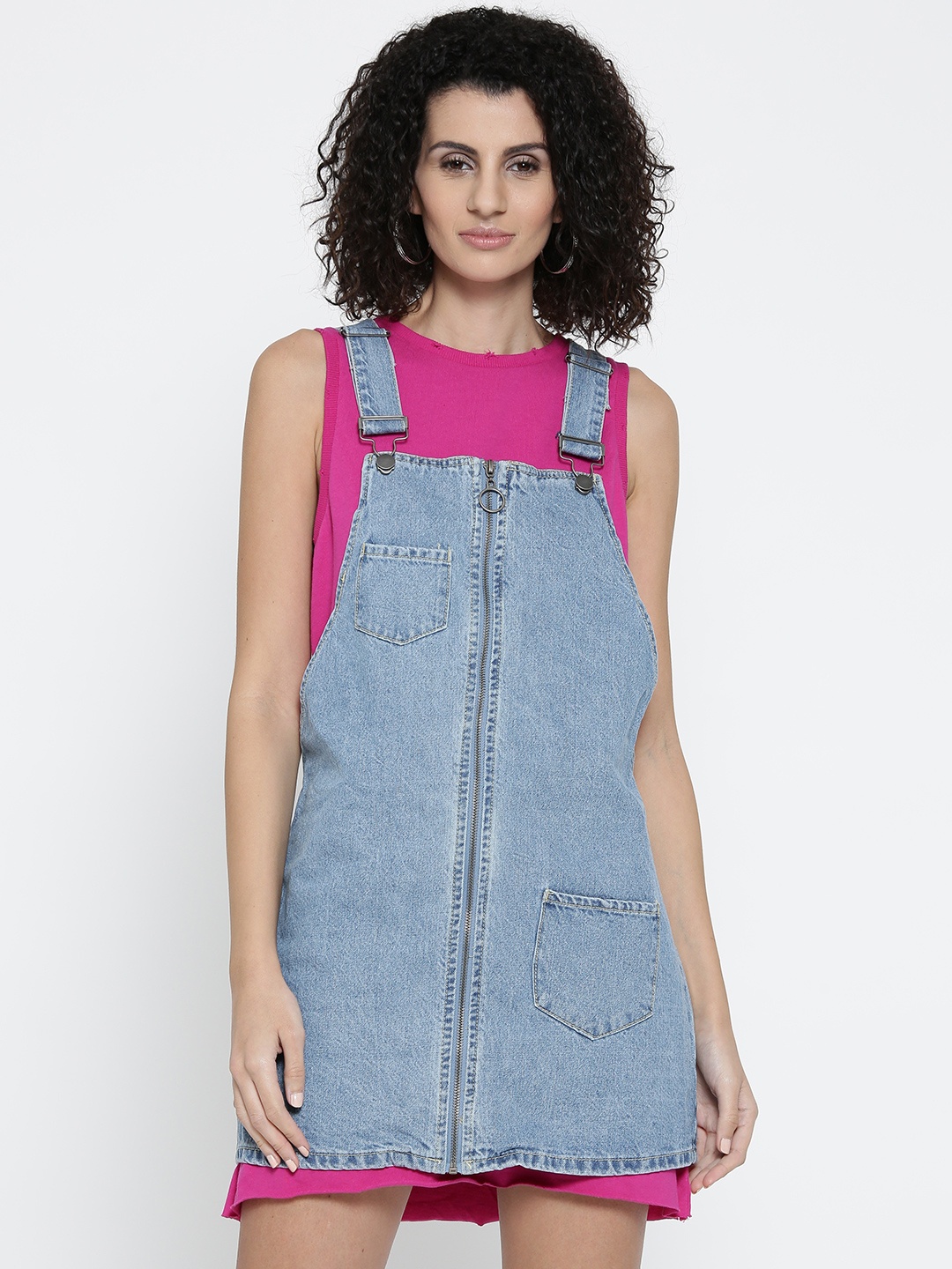 

FOREVER 21 Women Blue Solid Denim Pinafore Dress