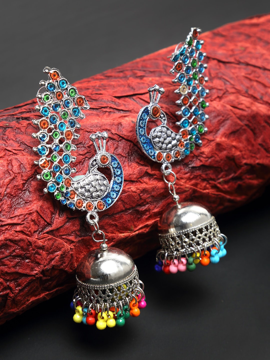 

Dhrohar Peacock Shaped Jhumkas Earrings, Blue