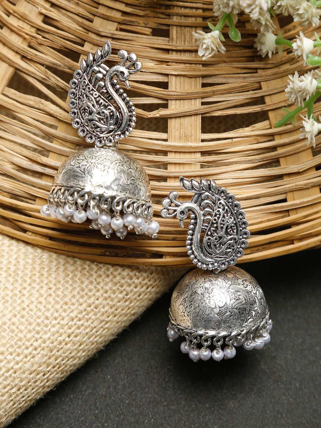 

Dhrohar Contemporary Jhumkas Earrings, Silver