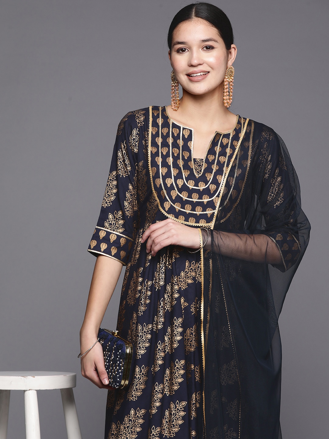 

Libas Women Ethnic Motifs Printed Empire Gotta Patti Kurta With Trousers & With Dupatta, Blue