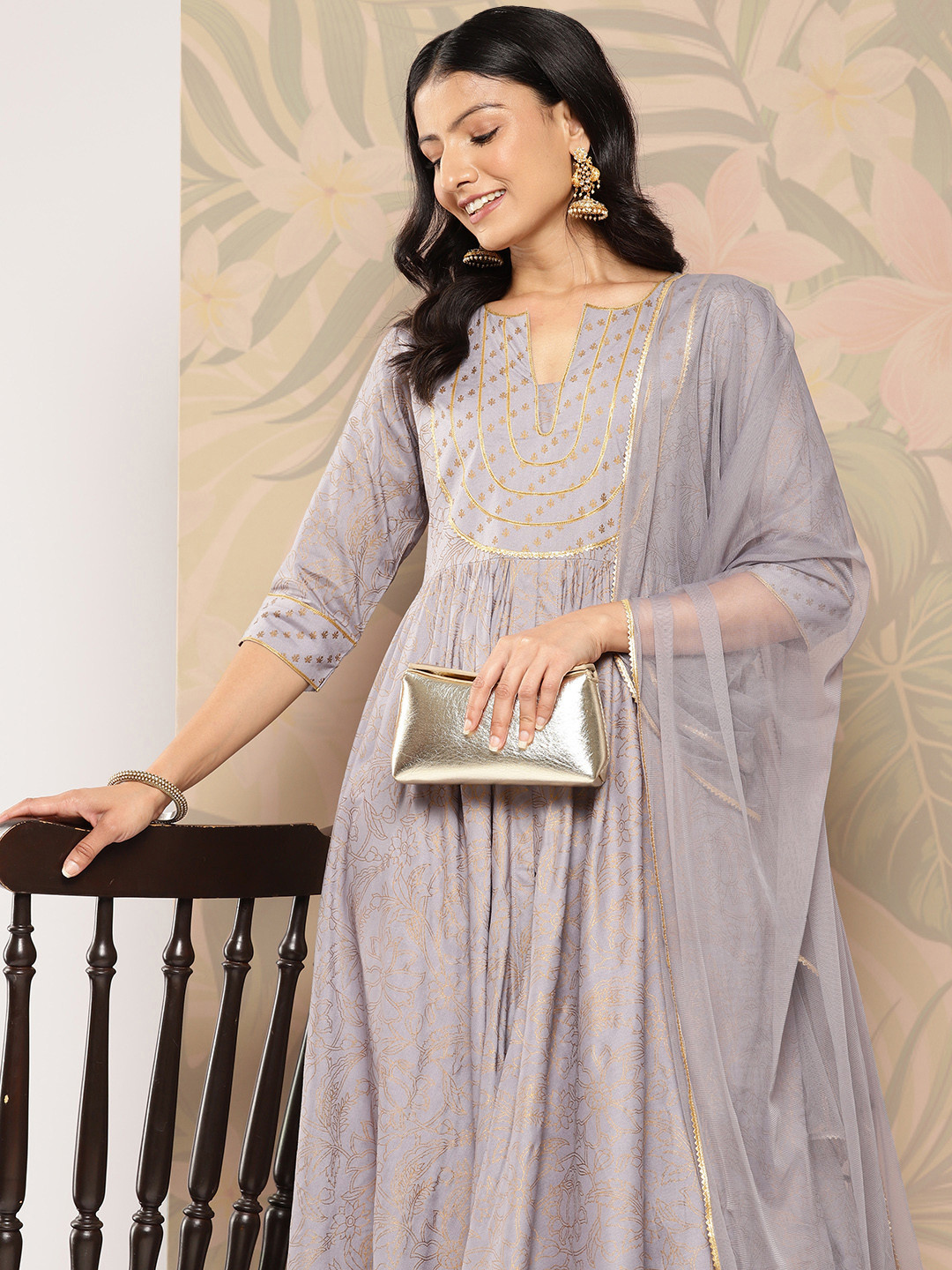 

Libas Women Floral Yoke Design Empire Gotta Patti Kurta With Trousers & With Dupatta, Grey