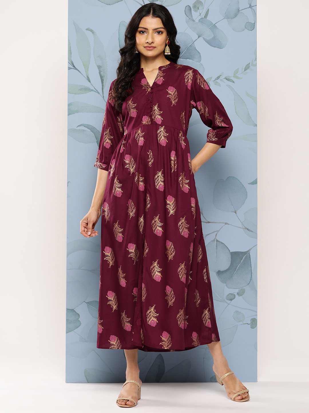 

Libas Ethnic Motifs Printed Puff Sleeve A-Line Midi Dress, Maroon