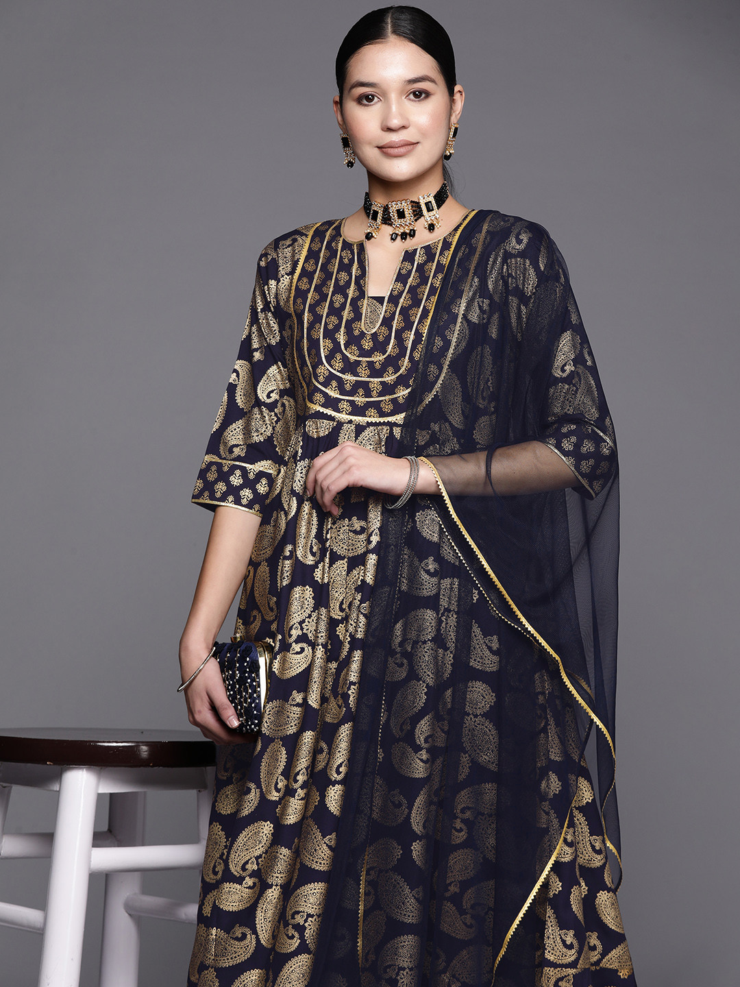 

Libas Women Paisley Printed Pleated Gotta Patti Kurta with Trousers & With Dupatta, Blue