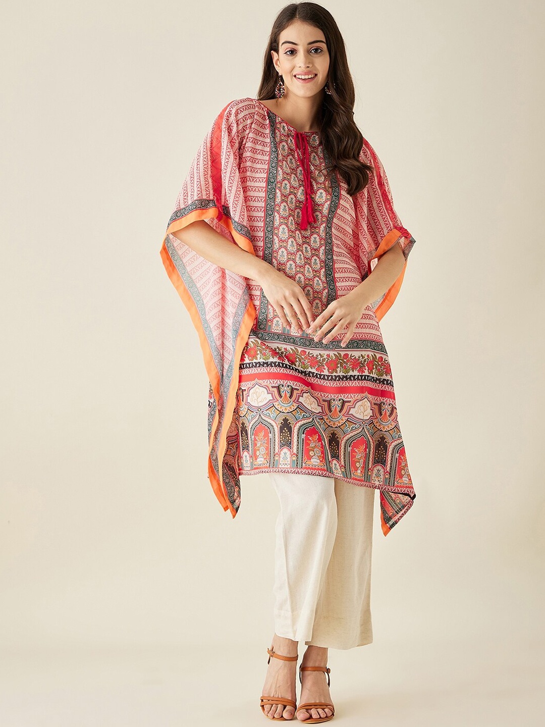 

The Kaftan Company Ethnic Motifs Printed Flared Sleeves Georgette Kaftan Kurta, Coral