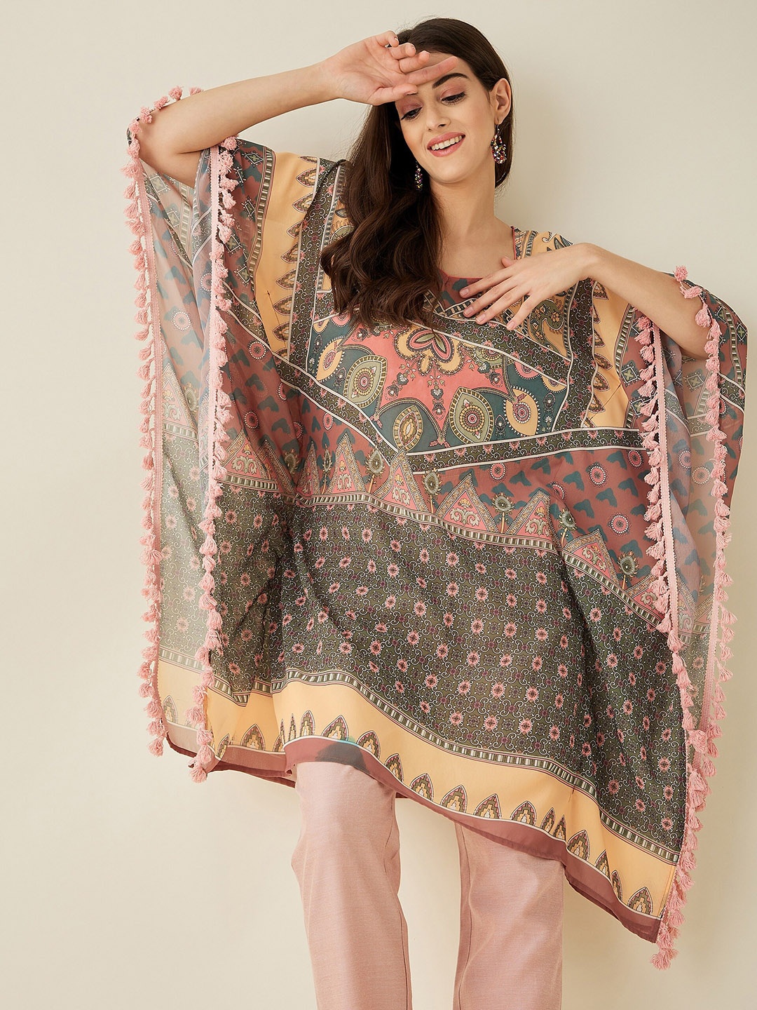 

The Kaftan Company Floral Printed Flared Sleeves Georgette Kaftan Kurta, Olive