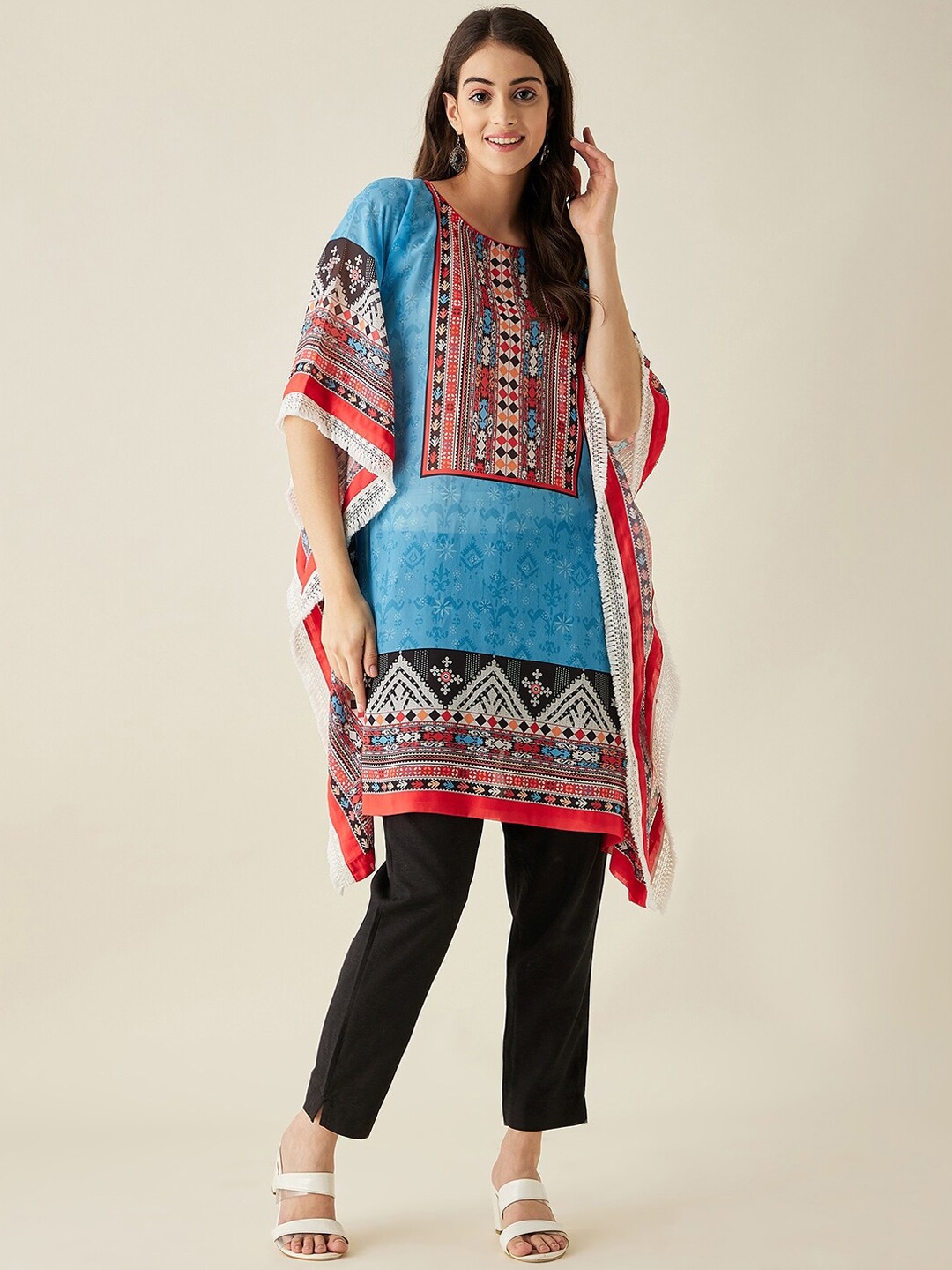 

The Kaftan Company Round Neck Ethnic Motifs Printed Flared Sleeves Georgette Kaftan Kurta, Blue